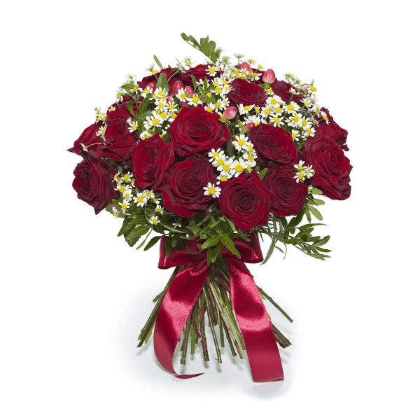 A bouquet of red roses with touches of white