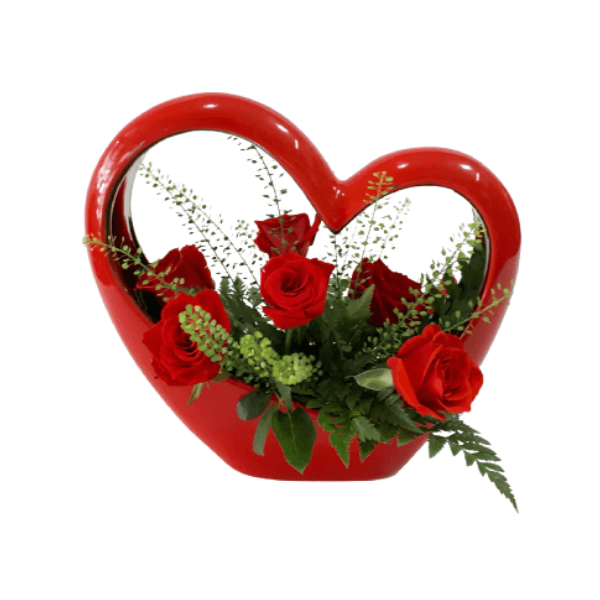 Rose design in a heart-shaped ceramic vessel